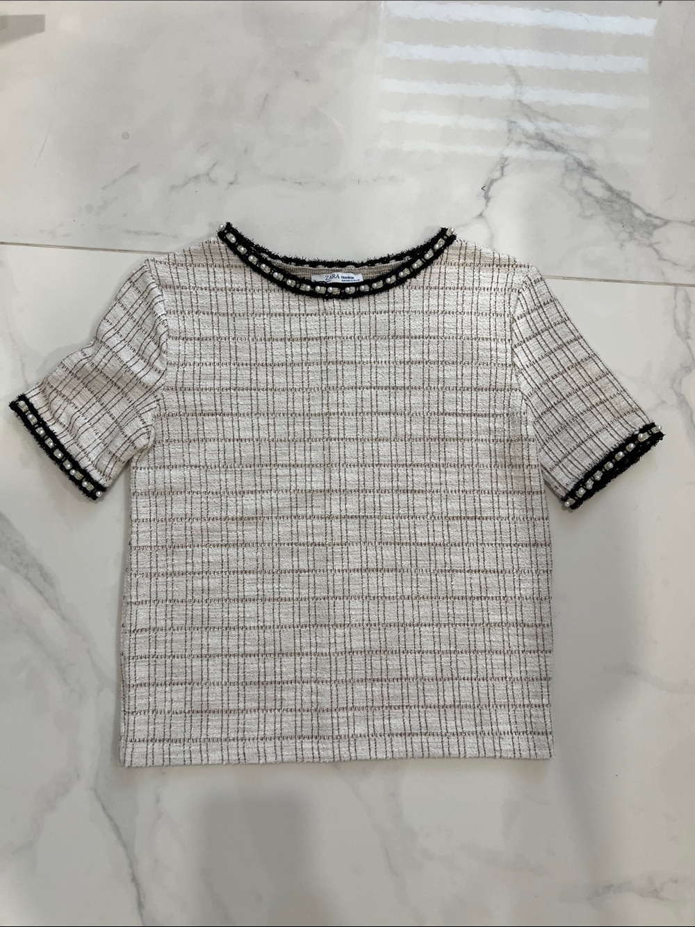 Zara Cream Tweed Short Sleeve Top with Black Trim